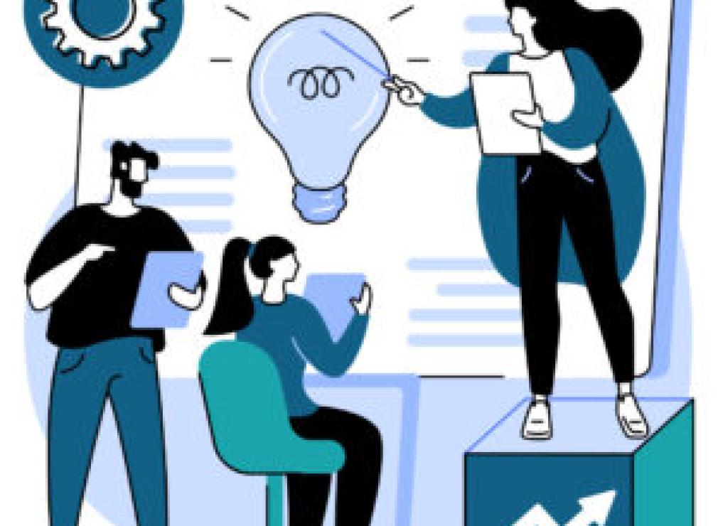 Vector illustration of people looking at blackboard with lightbulb on it